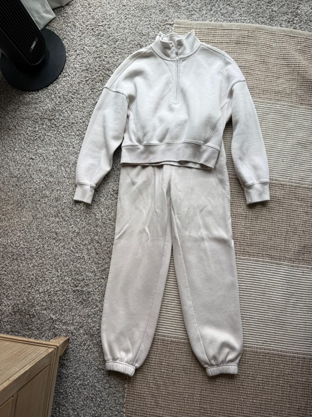 Neutral Ivory Two-Piece Sweat Set - Cropped Quarter Zip Top size XS & Joggers S